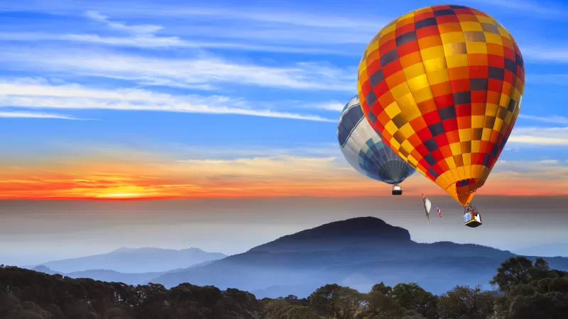 Hot air balloons, Landscape, Hills, Sunrise, Morning, Foggy, 5K