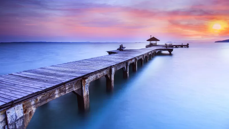 Wooden pier, Sunrise seascape, Long exposure, 5K wallpaper