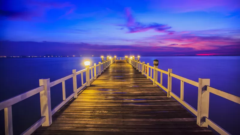 Wooden pier, Bridge, Sunset, Horizon, Resort, Dawn, Vacation, Holidays, Phuket, Thailand, 5K