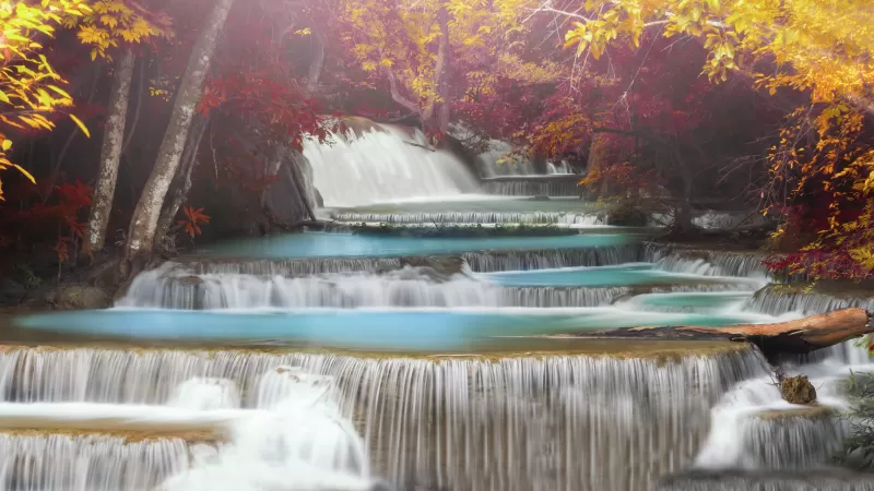 Erawan Falls, Waterfall, Forest, Autumn, Thailand, Aesthetic, 5K