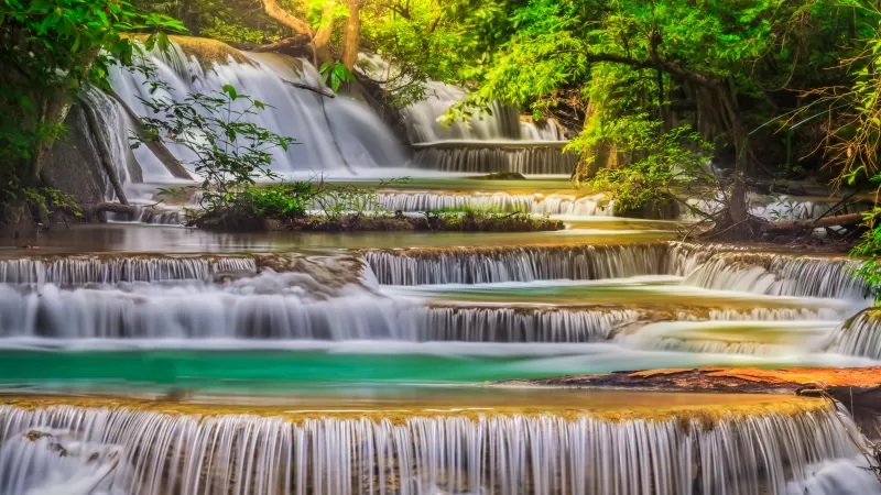 Erawan Falls, Waterfall, Forest, Spring, Rainforest, Thailand, Scenic, 5K