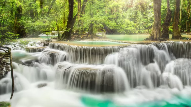Erawan Falls, Waterfall, Forest, Spring, Rainforest, Thailand, 5K