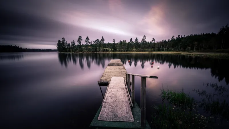 Wooden jetty wallpaper, Swedish lake, Long exposure