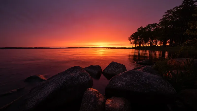 Lake Roxen sunrise, Boulders, Orange sky, 5K wallpaper