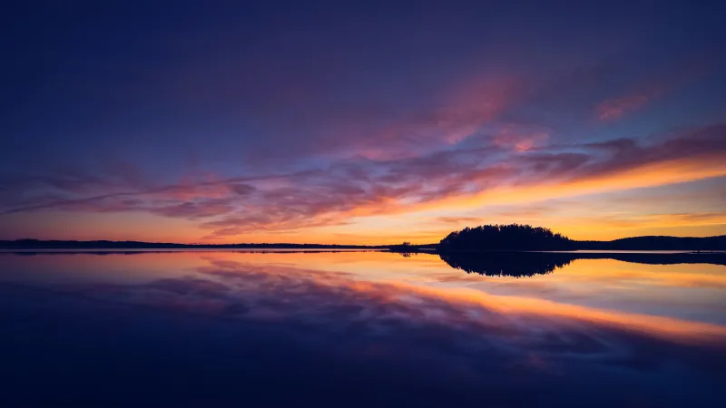 Lake sunset reflection, Island silhouette, Sweden, 5K wallpaper