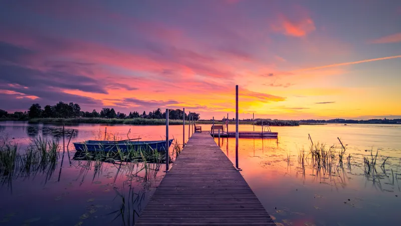 Swedish jetty at sunset wallpaper, Rowing boat, Pink clouds