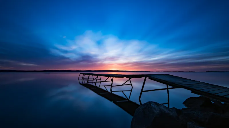 Old pier at dawn, Blue sky, Long exposure, 5K wallpaper