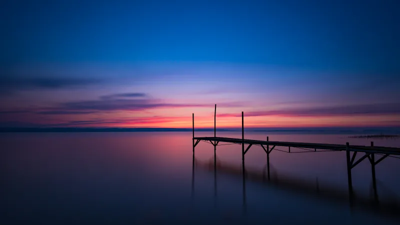 Pier silhouette, Pink dawn, Lake Roxen, 5K wallpaper