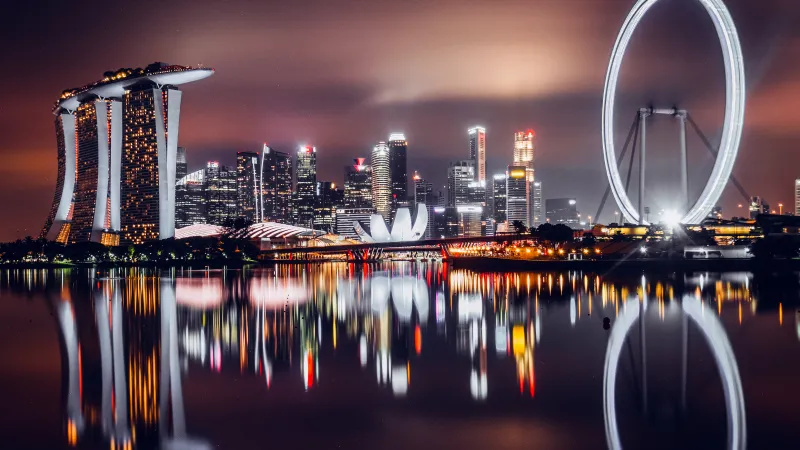 Marina Bay Singapore, Night reflections, Skyline, 5K wallpaper
