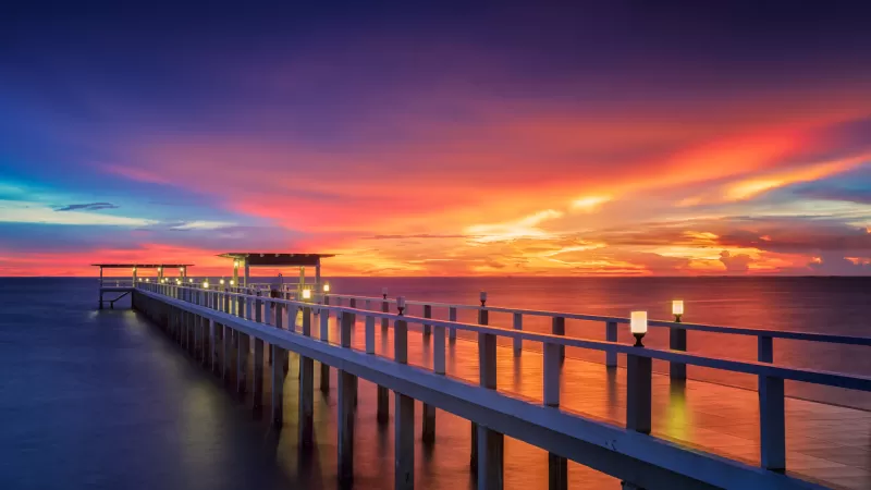 Wooden pier, Bridge, Sunset, Horizon, Resort, Dawn, Vacation, Sea, Holidays, Phuket, Thailand, Aesthetic, 5K