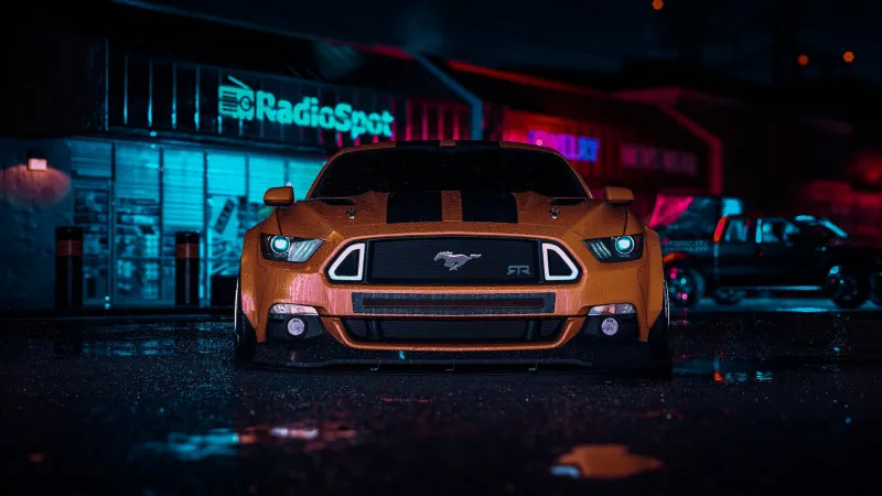 Ford Mustang RTR, Neon night, Orange muscle car, HD wallpaper