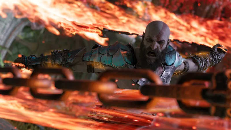 Kratos 4K wallpaper, God of War, Fire, Blades of Chaos