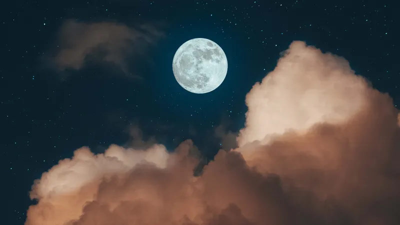 Full moon, Night sky wallpaper, Clouds, Stars