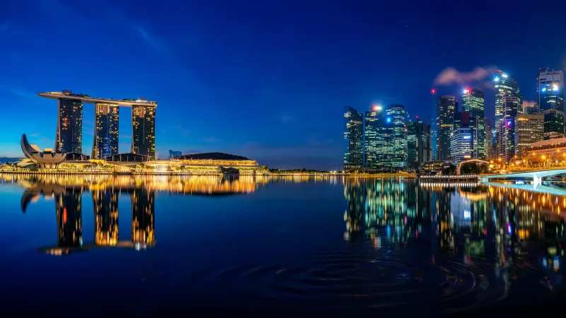 Singapore, Marina Bay Sands, Downtown, Cityscape, City lights, Night, Reflections, Skyline, 5K