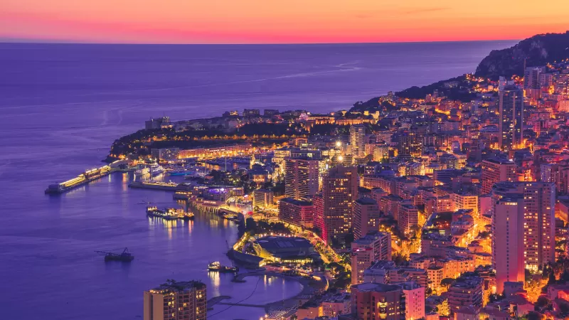 Monte Carlo, Sunset, Dawn, Cityscape, Harbor, City lights, Night, Dusk, Monaco, 5K