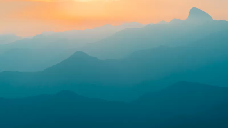 Mountains, Foggy, Mist, Sunrise, Turquoise, Yellow sky, Gradient, Landscape, Scenery, Mountain range, Brazil, 5K