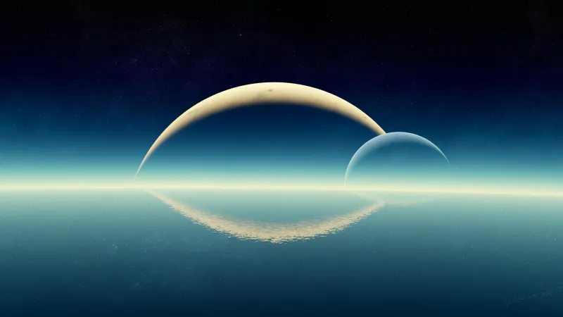 Twin planets on horizon wallpaper, Teal ocean, Surreal space