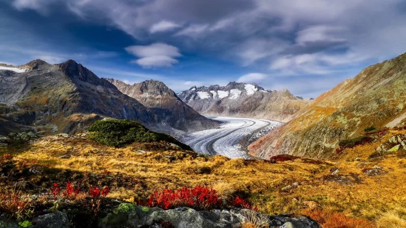 Aletsch Glacier, Alps mountains, Mountain pass, Landscape, Scenery, Summer, Switzerland