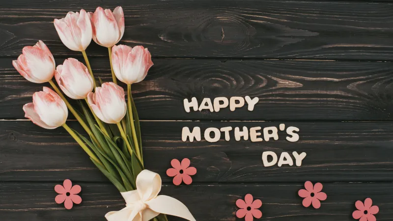 Happy Mother's Day, Wooden background, Tulip Bouquet