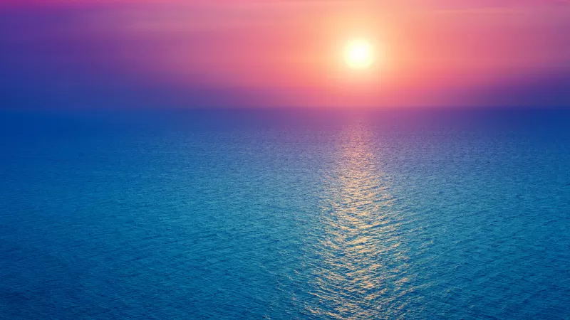 Sunrise, Seascape, Horizon, Ocean, Pink sky, Blue, Morning light, Aesthetic