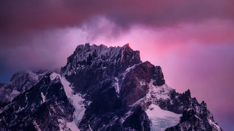 Patagonian peak, Pink twilight sky, Chile, 8K wallpaper