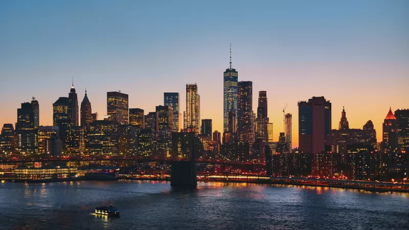 Manhattan, New York City, Manhattan Bridge, Cityscape, Sunset, Urban, Evening, City lights, 5K