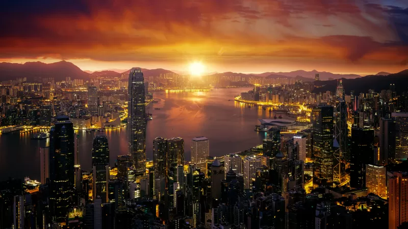 Hong Kong, Cityscape, Sunrise, City lights, Skyline, 5K