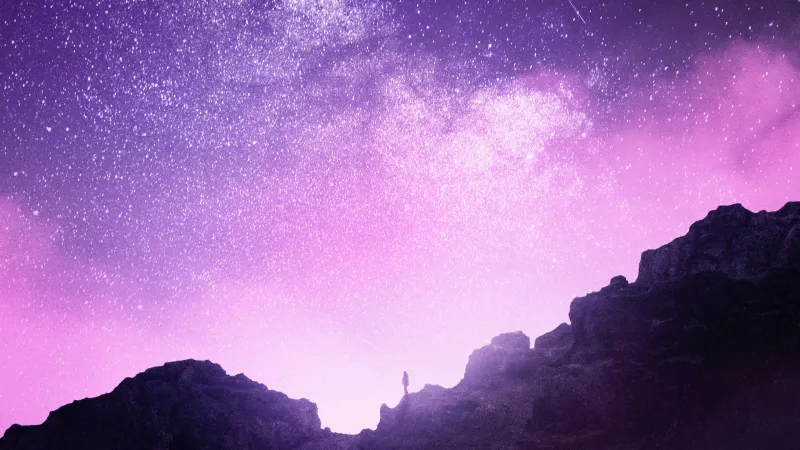 Purple night sky, Stars, Mountain landscape, Silhouette