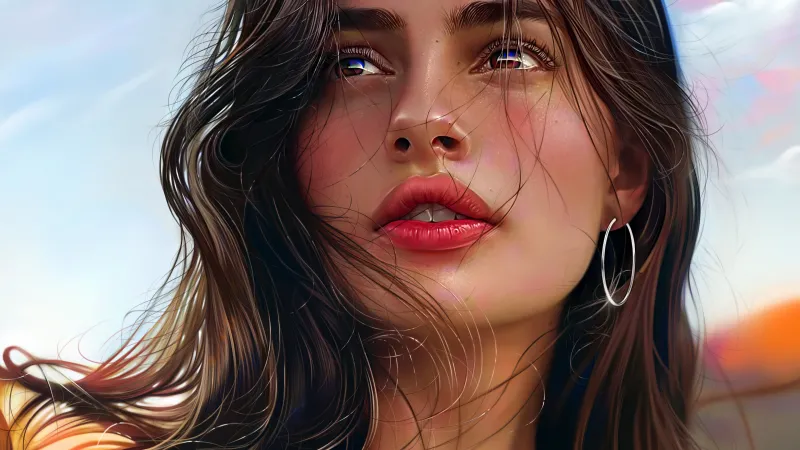 Digital portrait painting, Windblown hair, Woman, 5K wallpaper