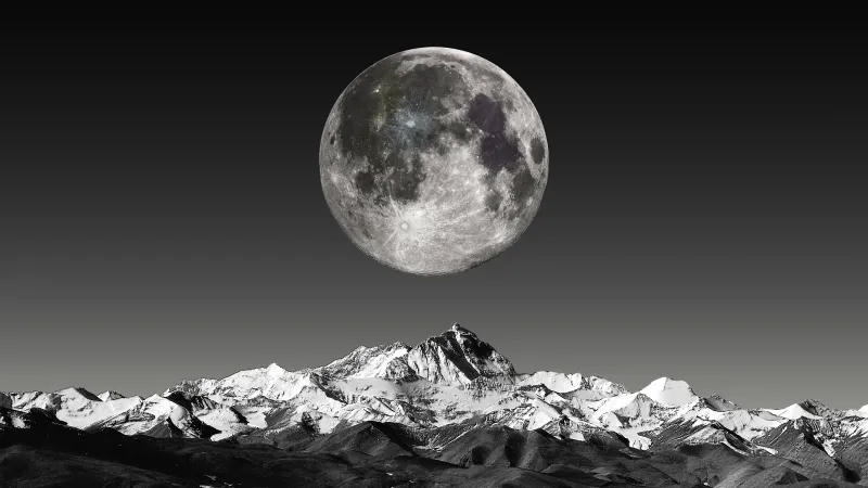 Full moon over Himalayas wallpaper, Black and white, Snowy peaks