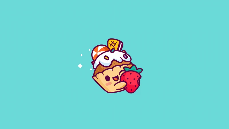 Strawberry Cupcake, Cyan background, Kawaii cupcake