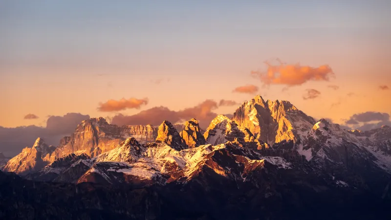 Dolomite mountains, Alps, Sunrise, Mountain range, 5K wallpaper, Golden hour