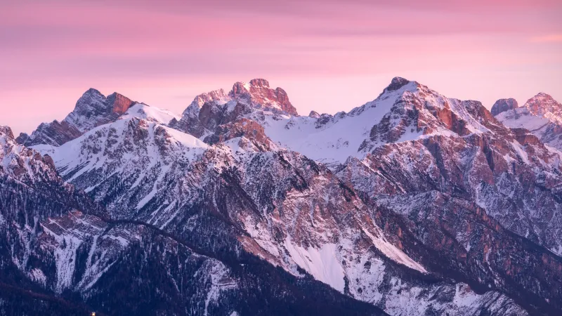 Dolomites, Kronplatz mountain, Italy, Pink sky, Sunrise, Dawn, 5K