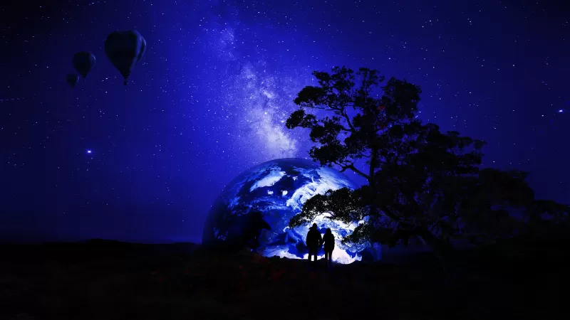 Couple, Dream, Earth, Night, Silhouette, Together, Romantic, Starry sky, Hot air balloons, 5K, 8K