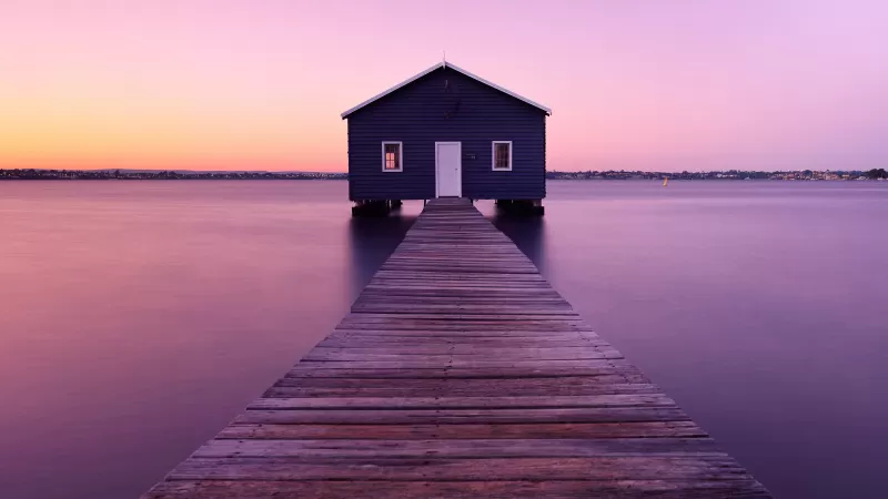 Boathouse, Wooden pier, Purple sunrise, 4K wallpaper