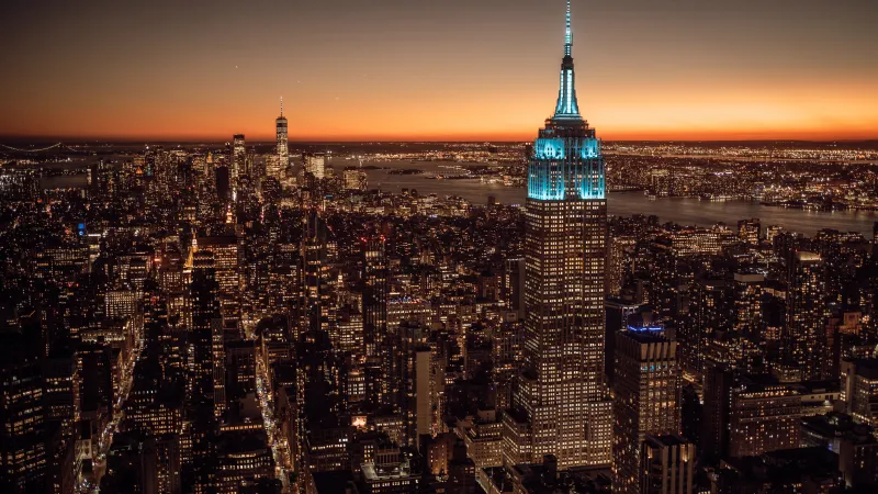 New York City, Empire State Building, Cityscape, City lights, Sunset, 5K