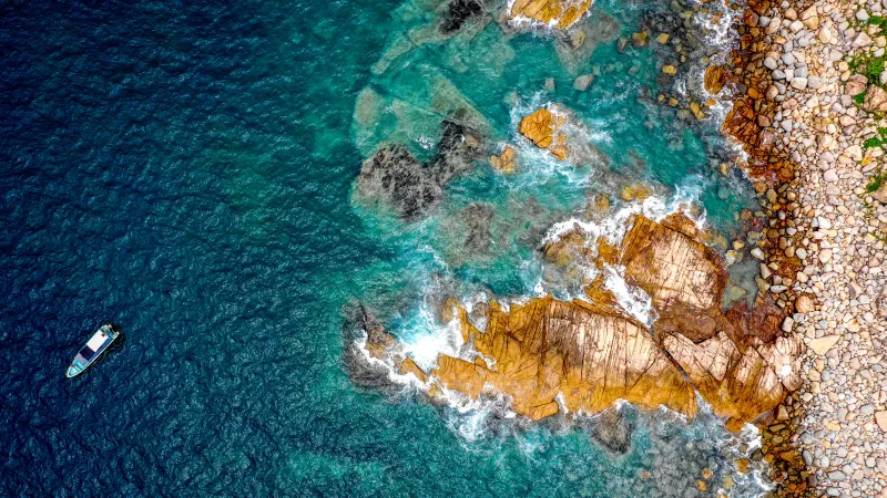 Rocky beach, Boat, Aerial view, Drone photo, 5K, Hong Kong