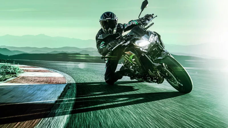 Kawasaki Z900 wallpaper, Knee down, Race track, Green tint, 2023