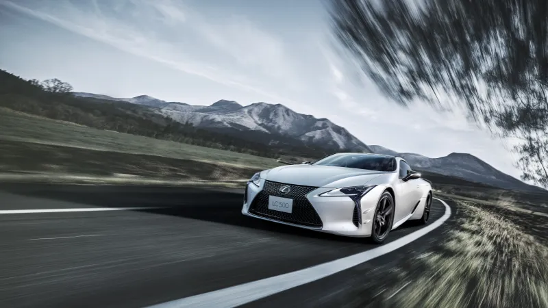 Lexus LC 500 Edge, White coupe, Mountain road, Motion blur, 2023 wallpaper