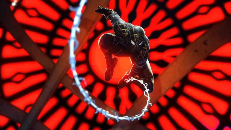 Spider-Man: No Way Home, Black and gold suit, Red background, 4K wallpaper
