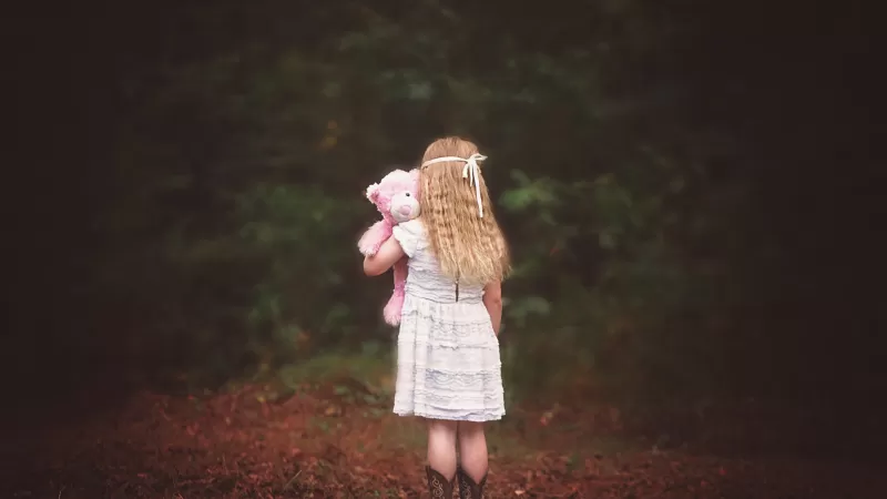 Cute Girl, Alone, Teddy bear, Autumn leaves, Foliage, Girly
