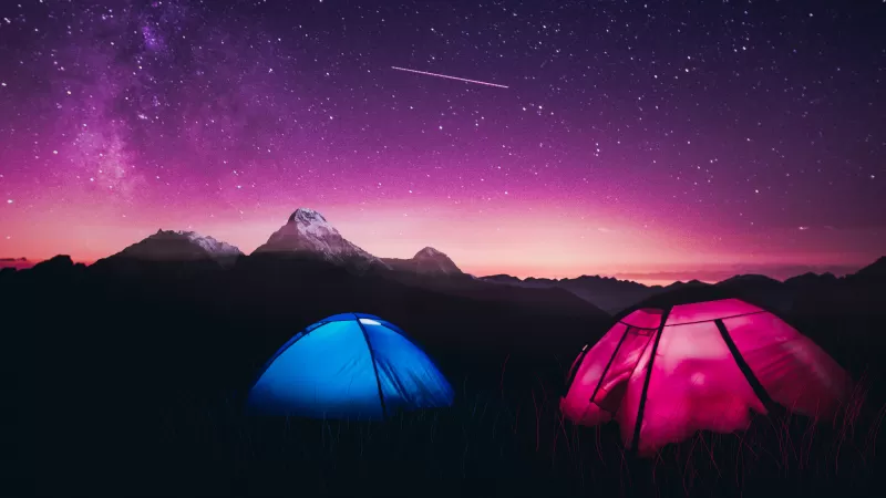 Mountains, Night, Purple sky, Dome tents, Tourists, Starry sky