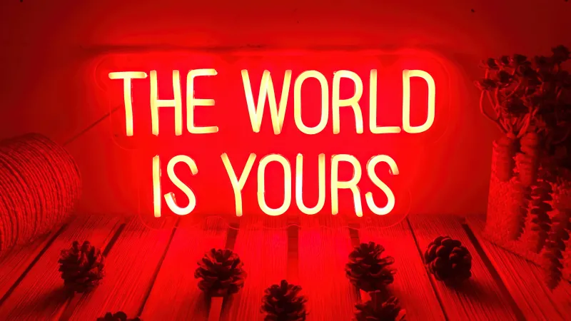 The World is Yours, Neon sign, Red aesthetic, 5K background