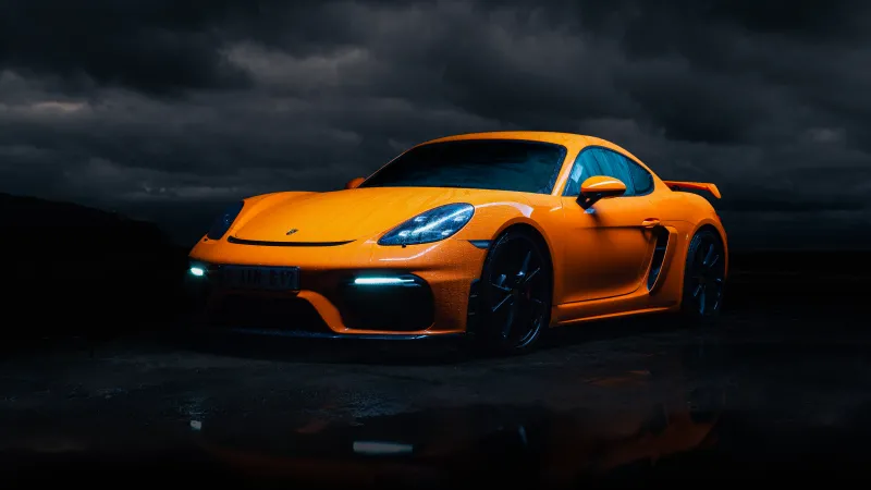 Porsche 718 Cayman GT4, Orange sports car, Stormy sky, Dark, 5K wallpaper
