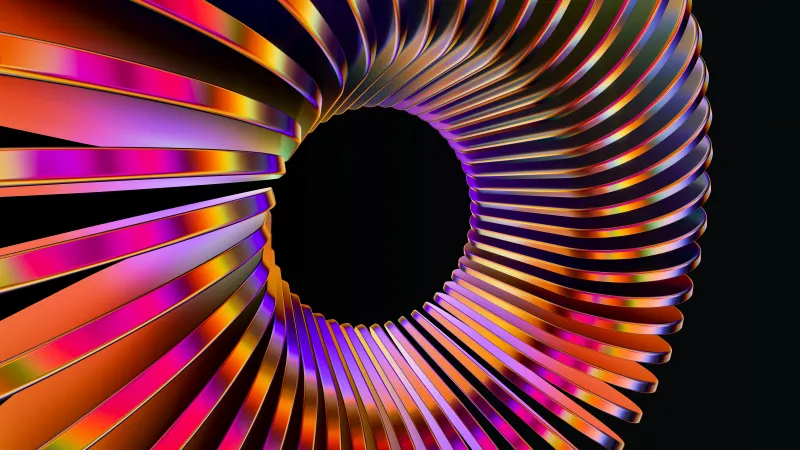 Iridescent spiral wallpaper, 3D render, Black background
