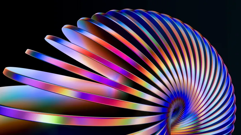 Rainbow slinky, 3D spiral, Black background, 5K wallpaper