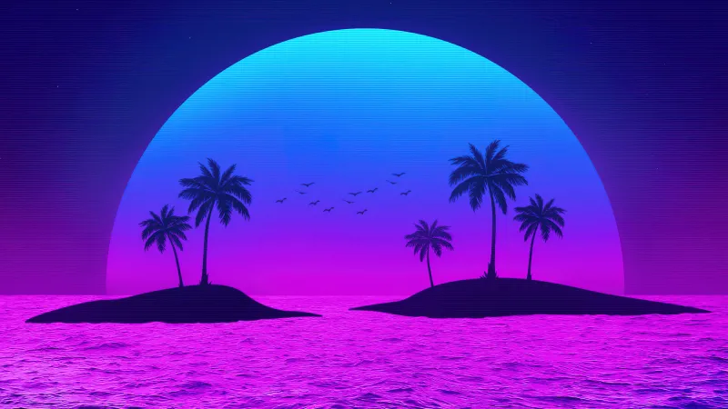 Tropical Islands, Palm trees, Sunset, Neon, Pink aesthetic, Ethereal