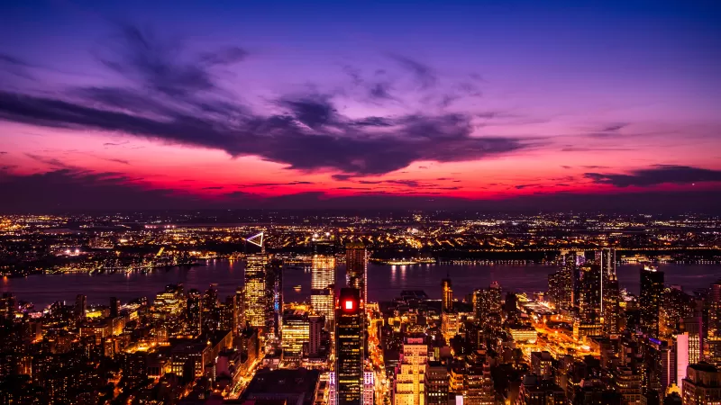 New York City, Twilight, Sunset, Cityscape, City lights, 5K