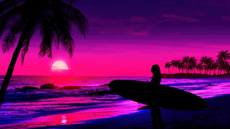 Tropical beach, AI art, Sunset, Girl, Pink aesthetic