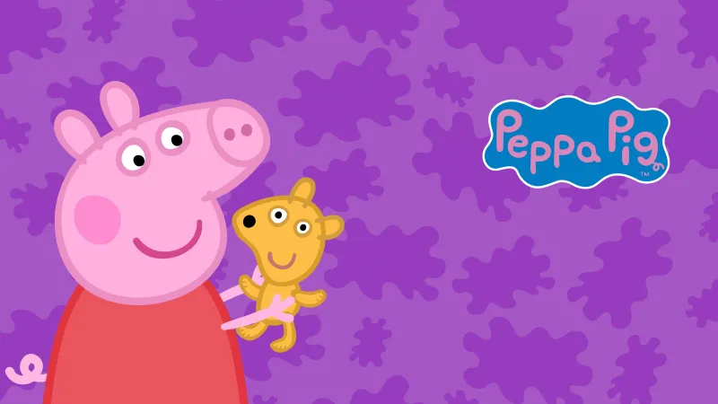 Peppa Pig, Teddy, Purple background, Cartoon